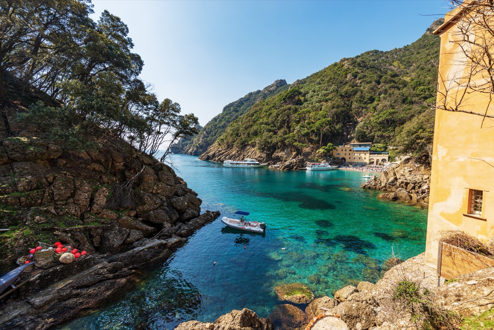 The abbey of San Fruttuoso in its cove below the wooded Portofino headland